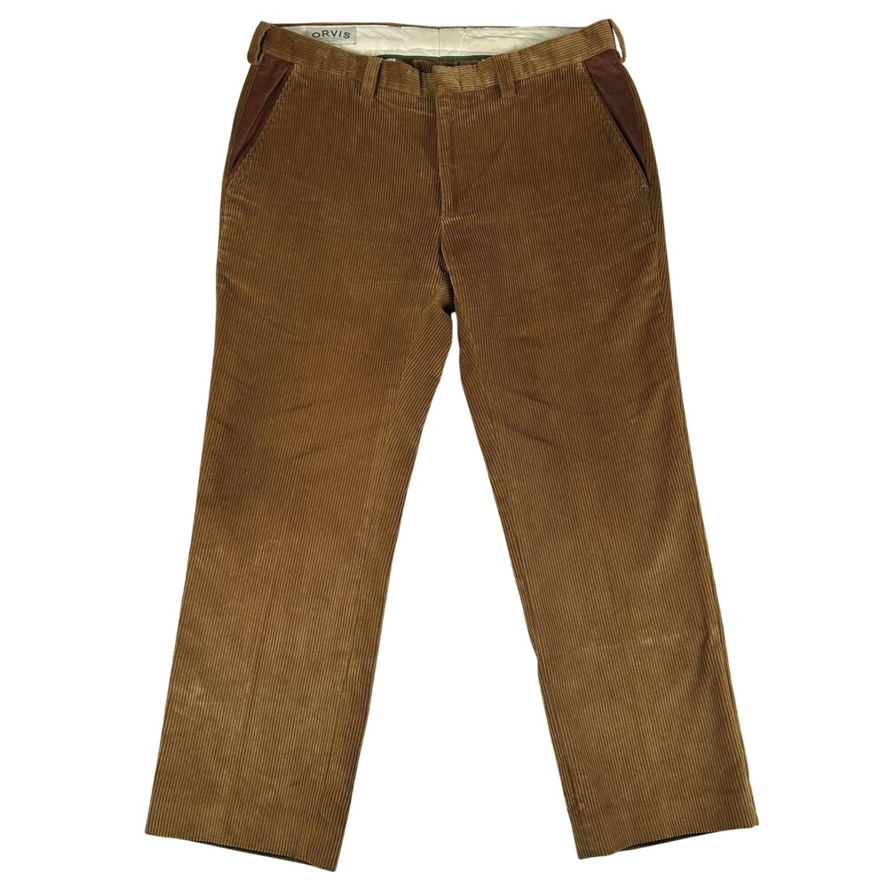 Orvis Pants Mens 38x29 Brisbane Brown Corduroy Leather Trim Chino Classic Fit